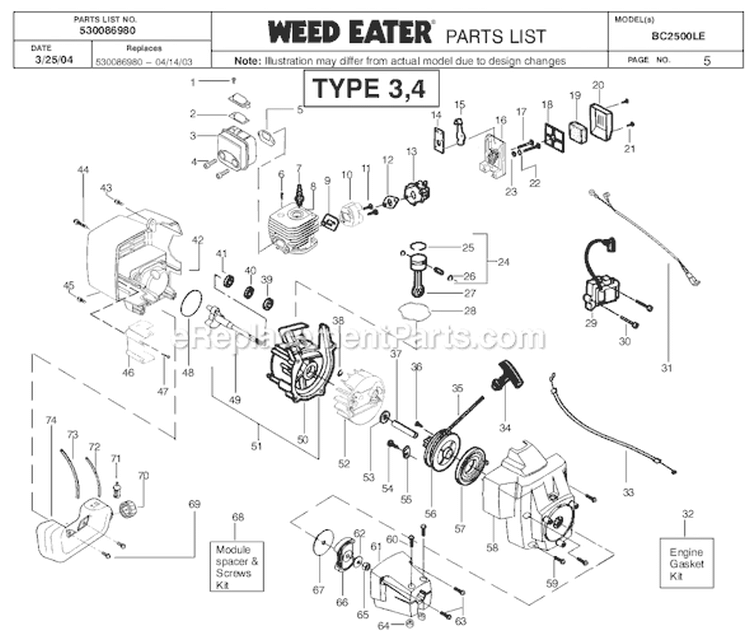 Page E Diagram and Parts List for BC2500LE Type 2 Weed Eater Trimmer